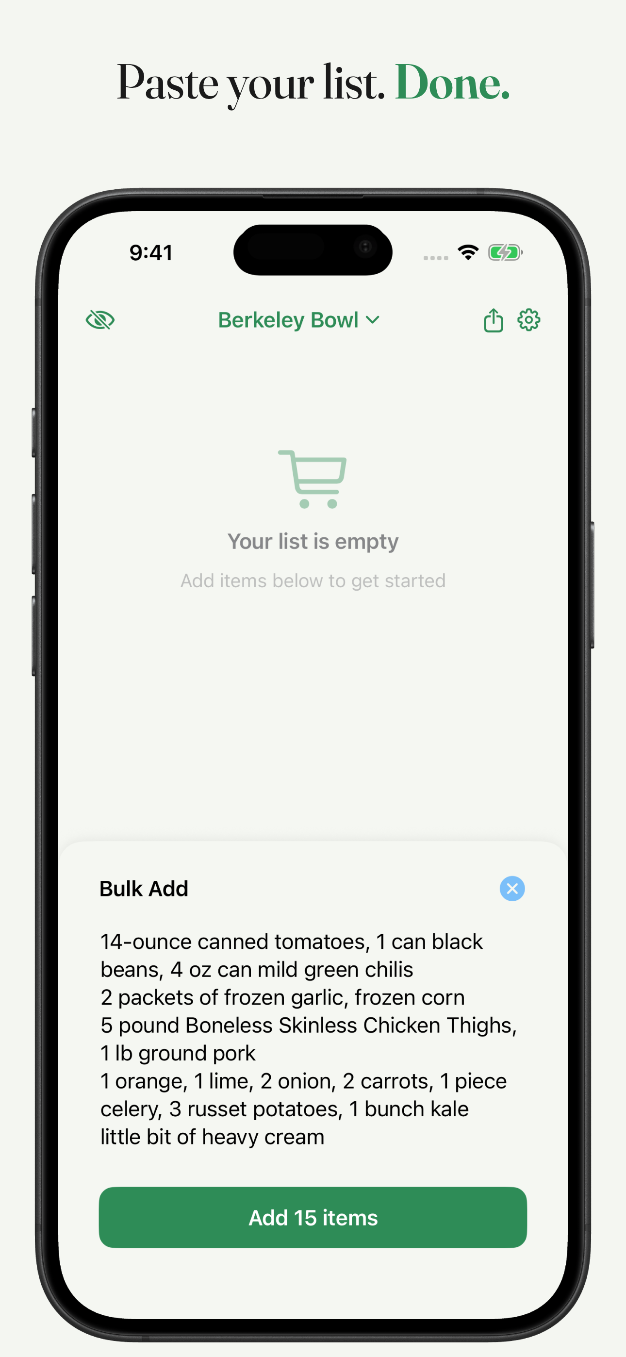Bulk add view with a pasted grocery list ready to add fifteen items