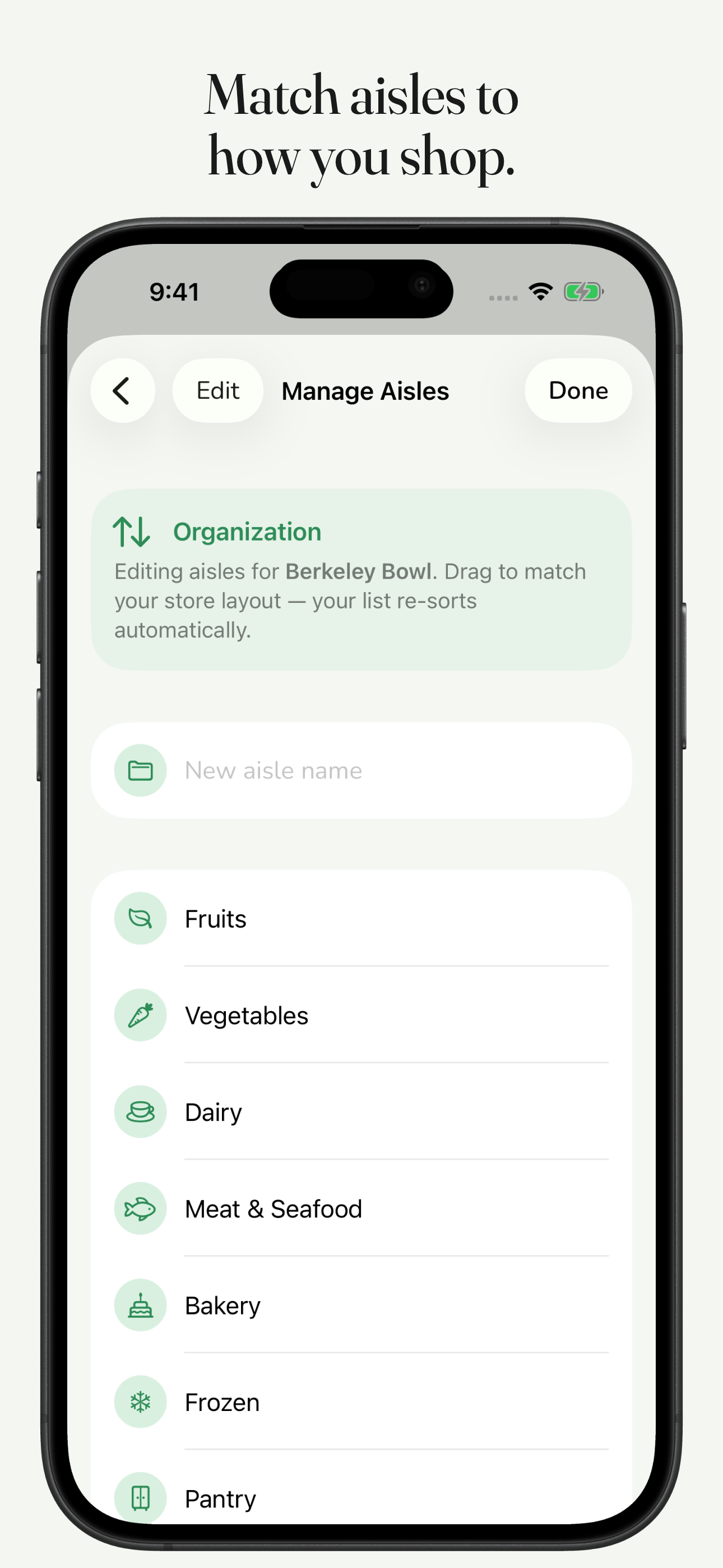 Manage aisles screen for customizing the store layout